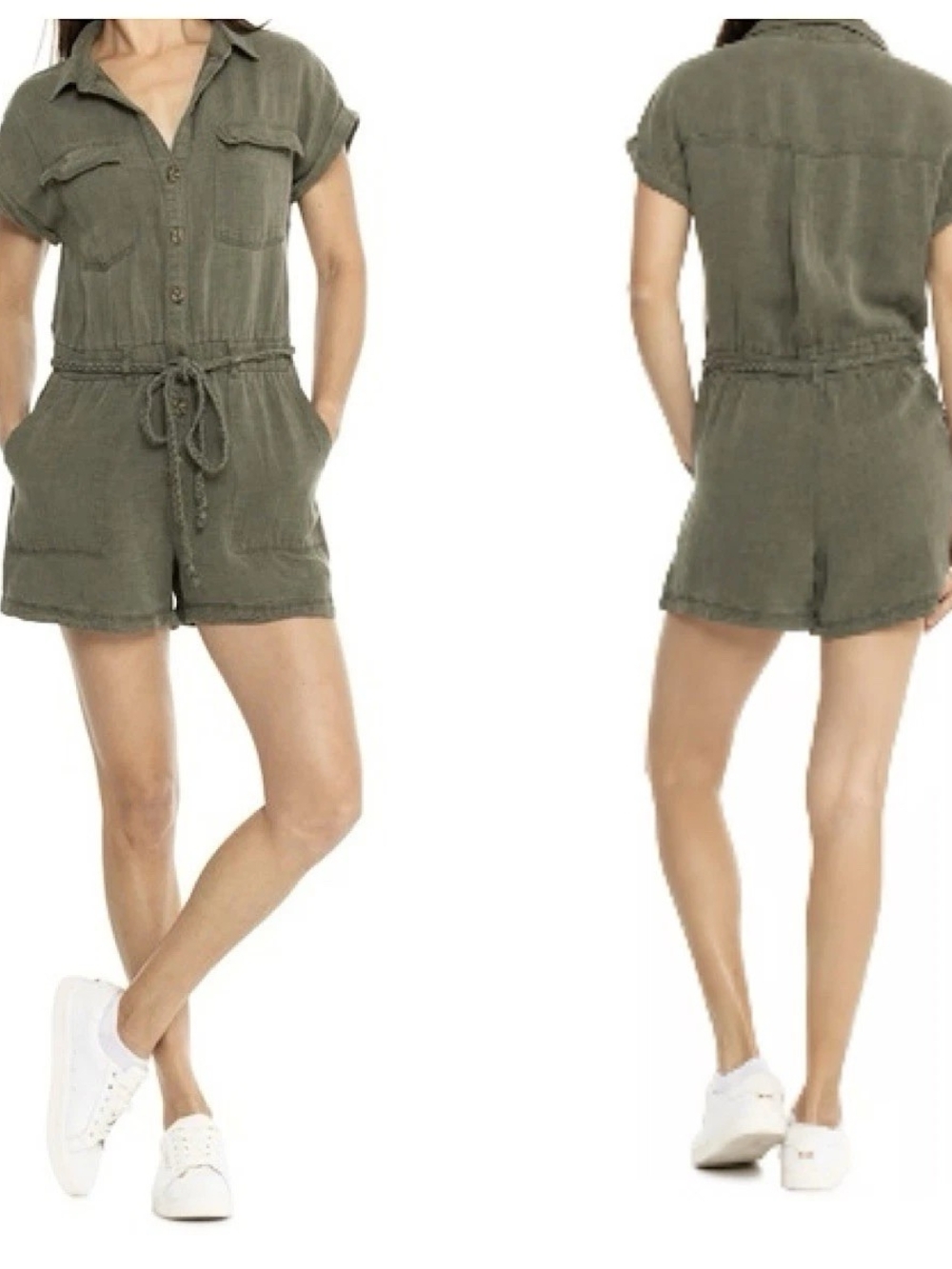 Women NEW $120 Designer NICOLE MILLER Button-Front Romper in Olive Green Size 4